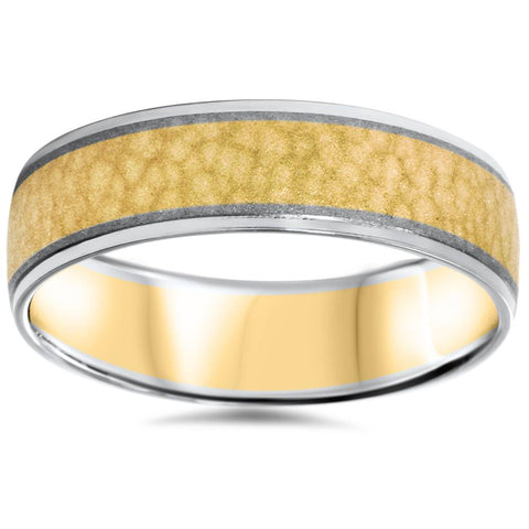 Mens 14K Gold 2 Tone Hammered Comfort Fit Wedding Band