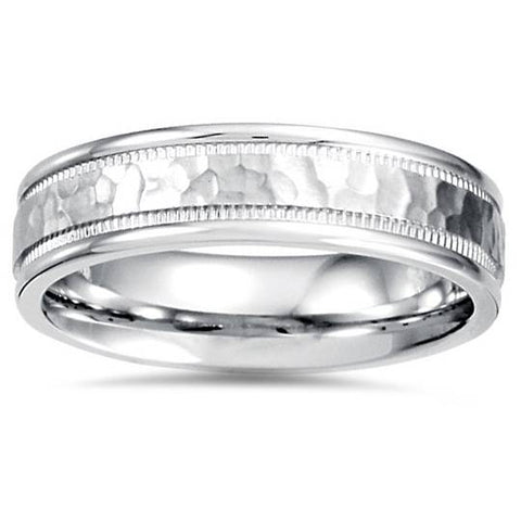 5mm Hammered Flat Wedding Band 14K White Gold