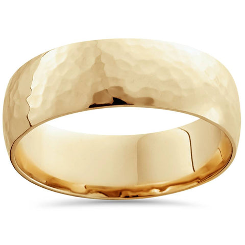 Mens 18K Yellow Polished Hammered Comfort Wedding Band