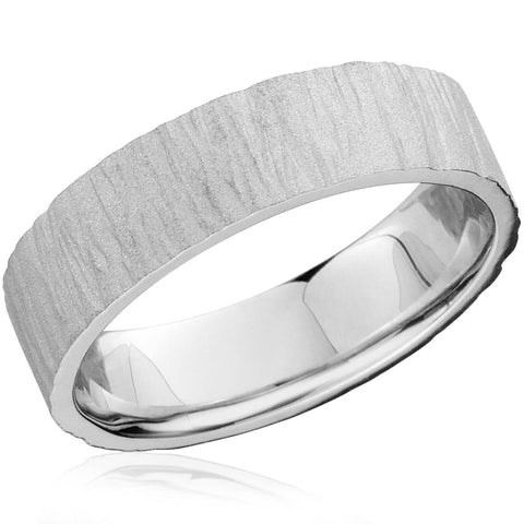 White Gold Wedding Band 6mm Flat Men's 10K White Gold Textured Ring