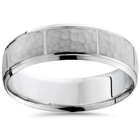 Hammered Mens 7mm Wedding Band 10K White Gold