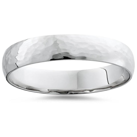 Hammered Wedding Band 10K White Gold high Polished Mens Ring 5MM