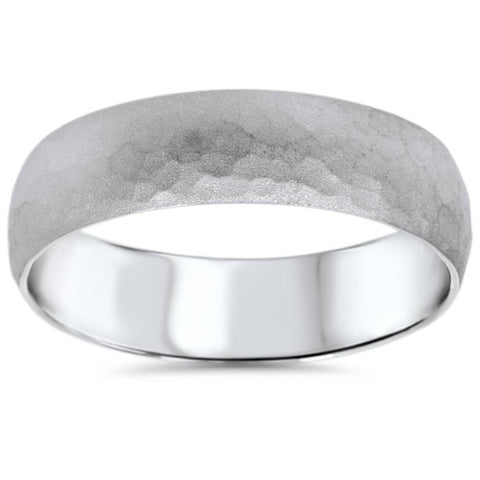 Mens 6mm Hammered Milgrain White Gold Wedding Band Ring