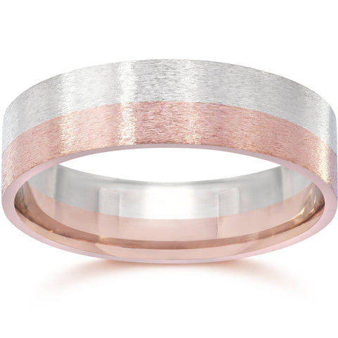 Brushed Two Tone Flat Wedding Band 14K Rose & White Gold