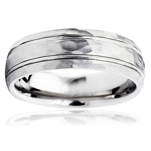 Hammered 6mm Mens Wedding Band 10K White Gold