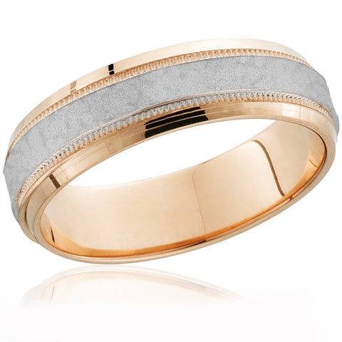 14k Rose Gold & Platinum Two Tone Hammered Mens Wedding Band Comfort Fit