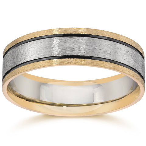 Double Inlay Brushed Wedding Band 14K White & Yellow Gold