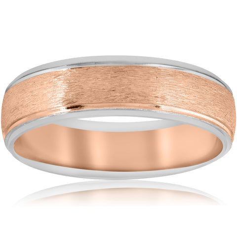 Mens Rose & White 14K Gold 6MM Brushed Two Tone Wedding Band