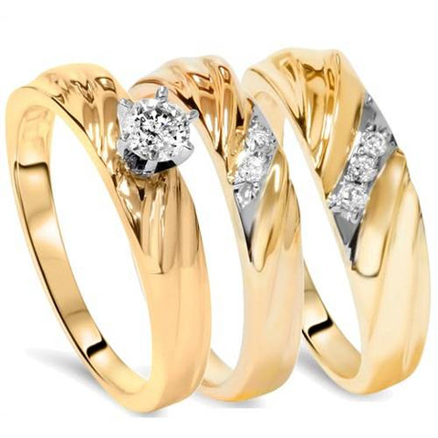 1/3ct Diamond Engagement Trio Wedding Band Set 14K Yellow Gold