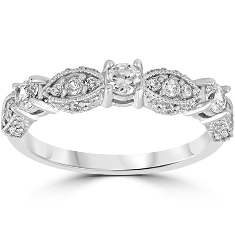 1/2ct   Diamond Wedding Ring 14K White Gold Womens Art Deco Stackable Band