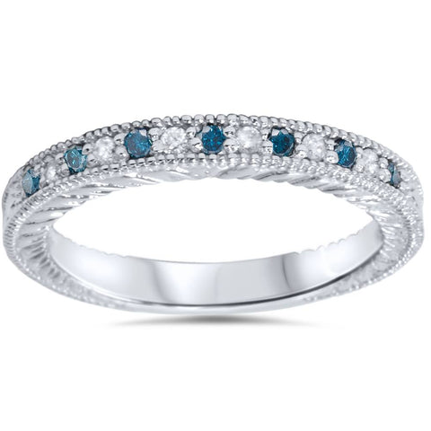 1/6ct Blue & White Diamond   Wedding Ring 14K White Gold