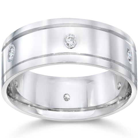 Mens 8mm 14K White Gold Comfort Wedding Diamond Band