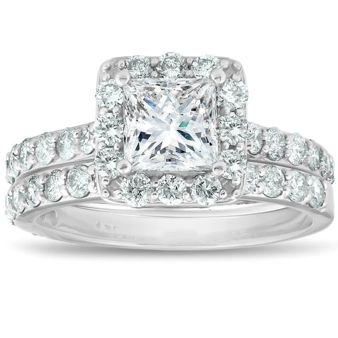 G/SI 2.50Ct Princess Cut Diamond Halo Engageent Ring Set 14k White Gold Enhanced