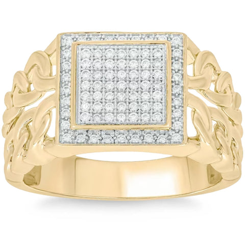 1/3Ct TW Diamond Men's Chain Cuban Link Ring 10k Yellow Gold 9mm Wide