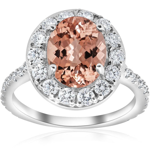 G/SI 3 ct Oval Halo Morganite Diamond   Engagement Ring 14k White Gold